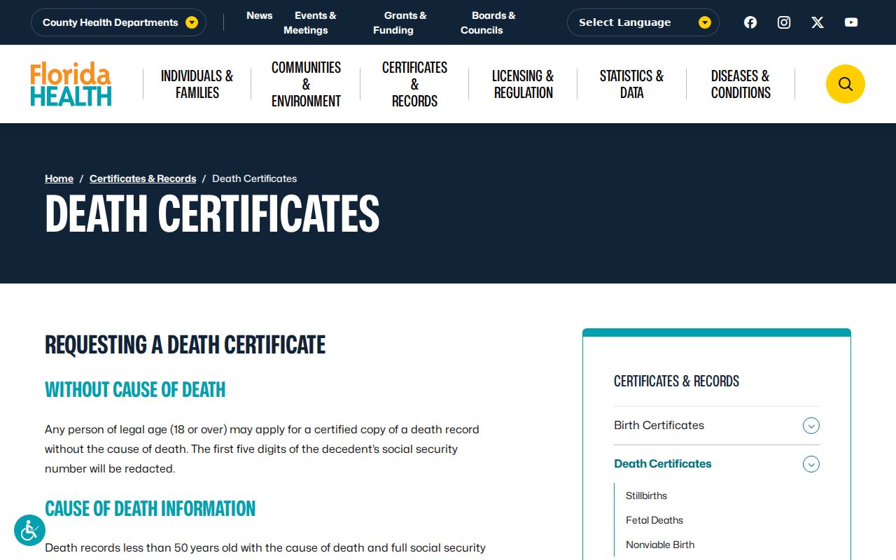 Clermont previous residents Florida death certificate access