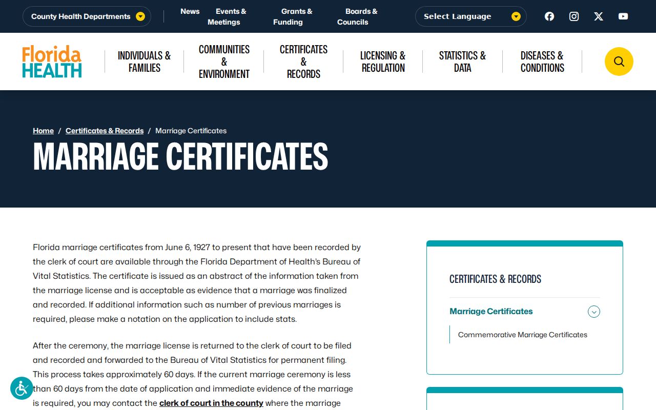 Clermont previous residents Florida marriage certificate request