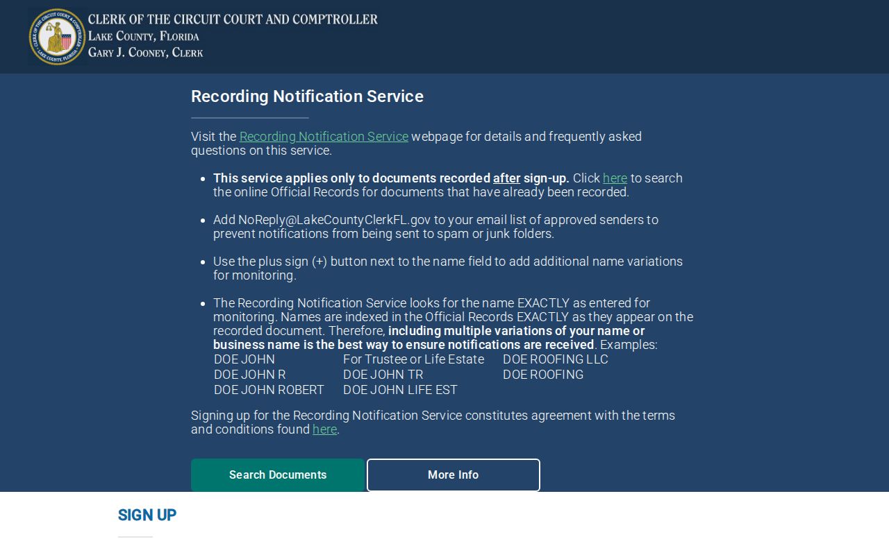 Clermont previous residents Lake County recording alert service